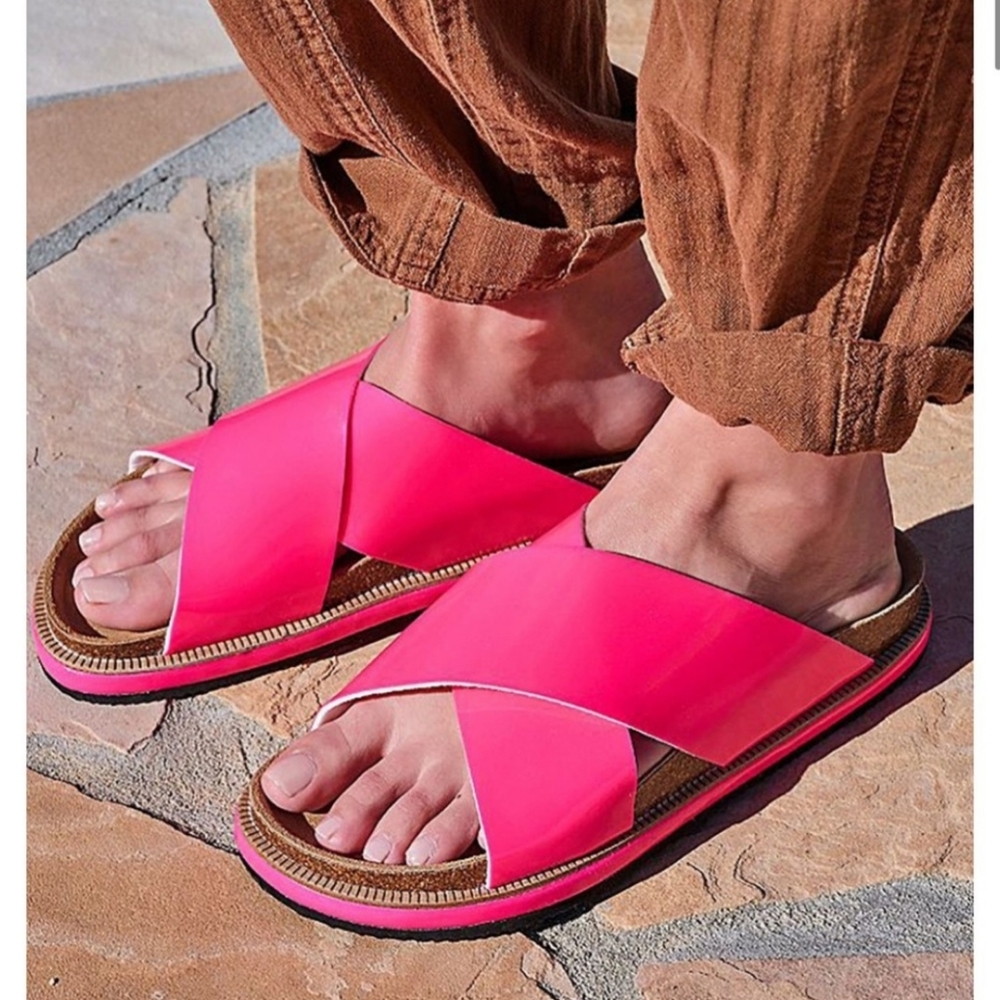 Free People Bright Pink Sideline Crisscross Slides Size 39